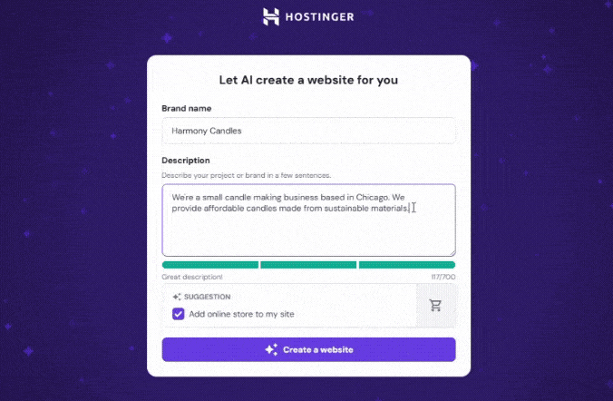 Hostinger setup page with text describing a candle business called harmony candles