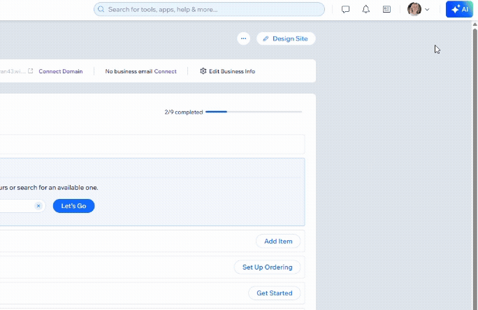 Gif showing the opening of Wix Astro in the Wix dashboard
