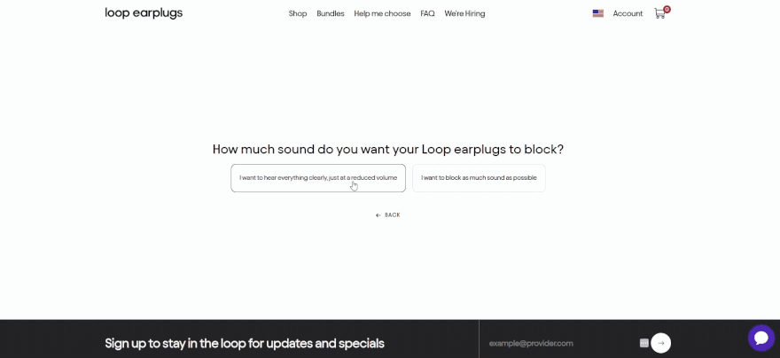 A 3 step product matching quiz for a pair of earplugs, recommending the "Loop Switch 2" based on answers