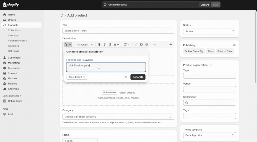 typing "pink long sleeve tshirt" into shopify AI tool, which generated a long product description which can be directly embedded on the product page