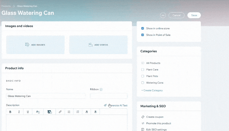 Gif showing a Wix product page in the backend with the mouse clicking on the AI text creator, resulting in a sidebar popping up to generate a product description