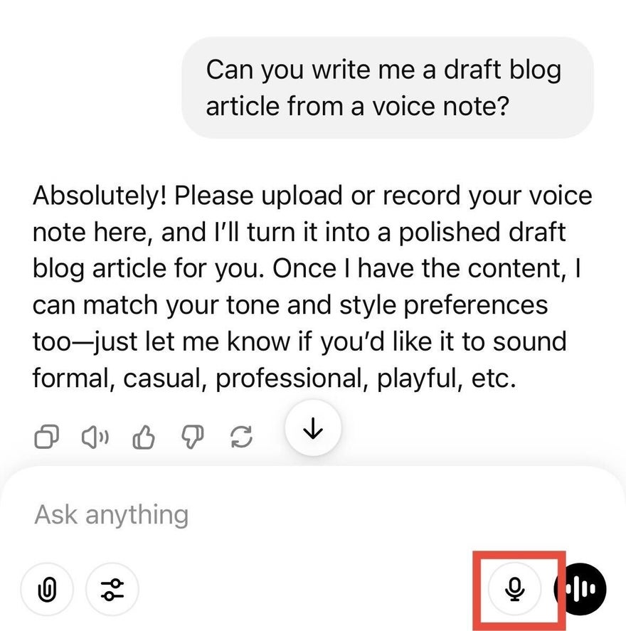 ChatGPT conversation asking it to create a blog outline from an audio clip. A red square highlights the microphone icon