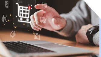 Hand pointing at floating ecommerce icons including a shopping cart