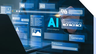 Floating boxes showing AI and AI-generated content elements above a laptop