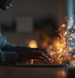 Person typing on a laptop that has gold sparkles coming out the screen.
