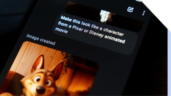 A smartphone screen displaying an AI-generated image of a dog with a prompt to make it resemble a Pixar or Disney character.