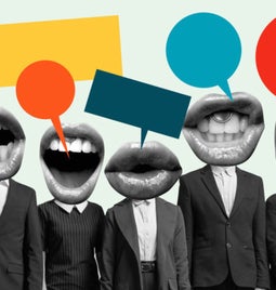 A line of people in business suits with their heads replaced with images of large mouths talking and colorful speech bubbles appearing above the mouths