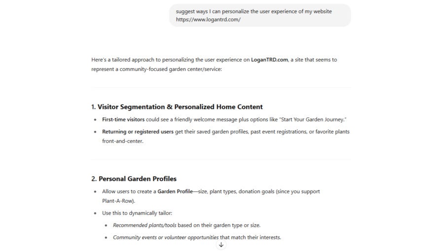 Numbered suggestions by ChatGPT for adding personalization to a garden store called loganTRD