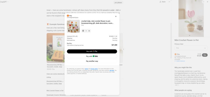 Etsy product checkout page on ChatGPT showing a mini crochet flower in a pot, priced at $11.89, with options for payment and shipping details.