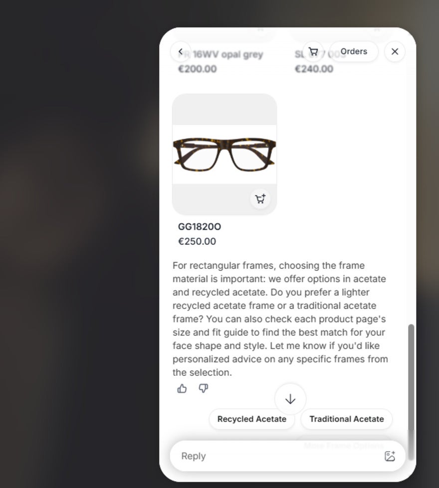 ai chatbot recommending a product page for a pair of glasses, followed by a short paragraph explaining the types of rectangular frame material