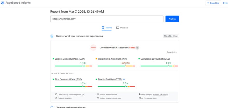 page speed insights for forbes homepage