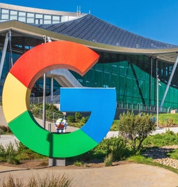 Large statue of Google logo outside Google Office