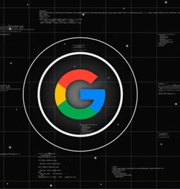 Google logo floating in front of a black background with tech styling