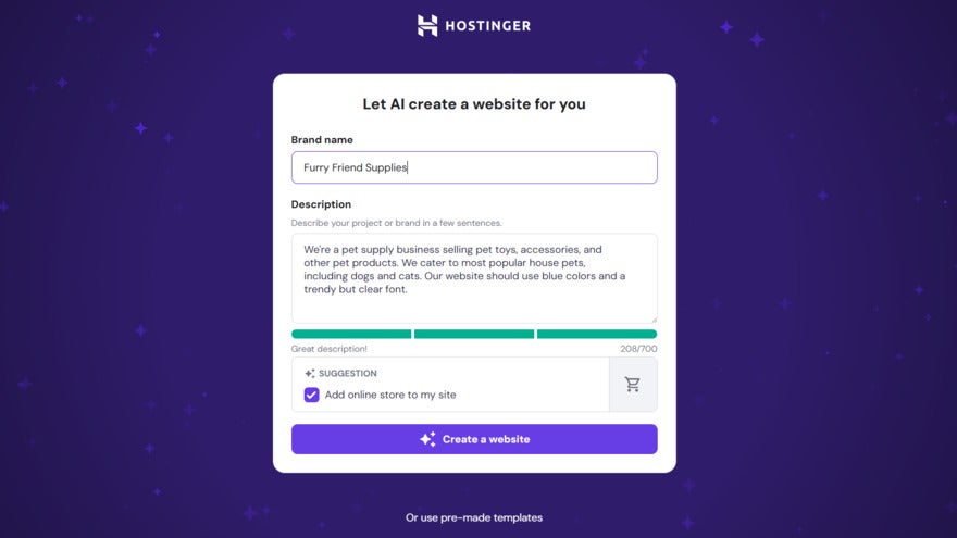 Hostinger AI website builder prompt