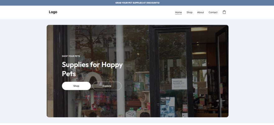 AI generated homepage image, showing a picture of a pet shop window. The image doesn't look professional