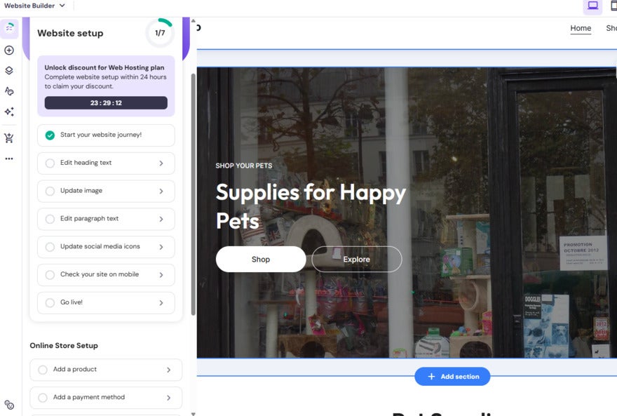 Set up checklist in the left hand sidebar of Hostinger's editor