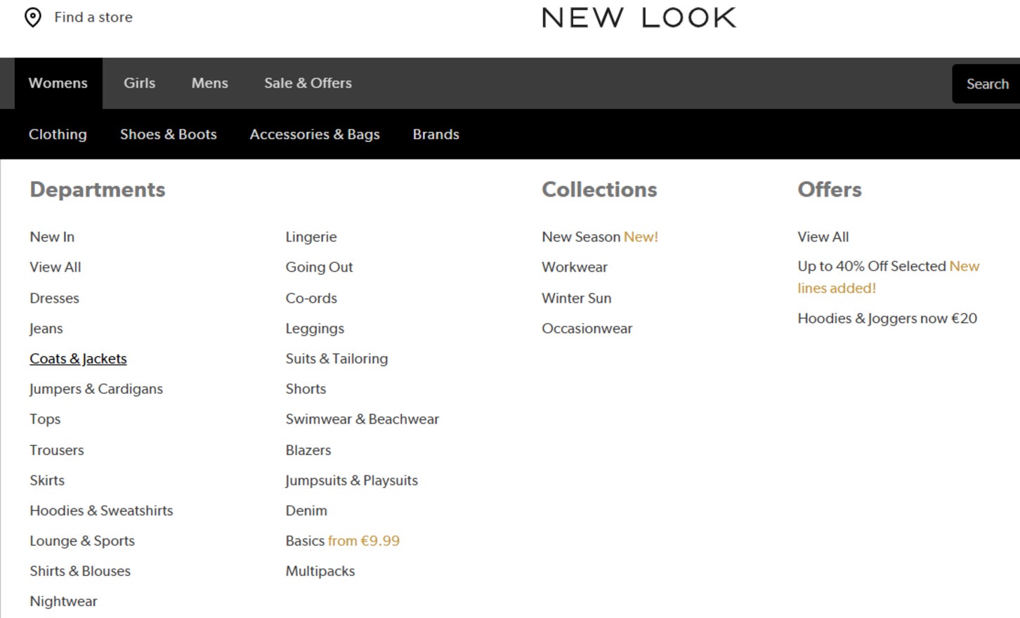 Navigation bar on New Look's website showing different product categories