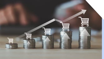 A stack of coins illustrating increasing growth, with shopping carts and upward arrows symbolizing rising sales or investments.