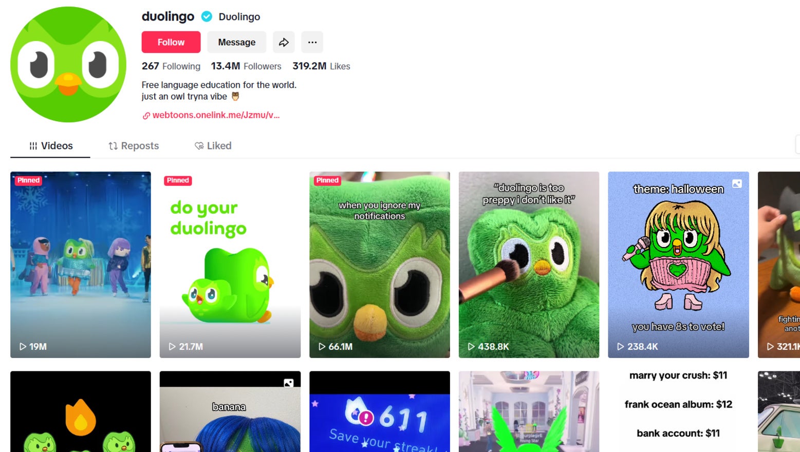 Duolingo TikTok profile