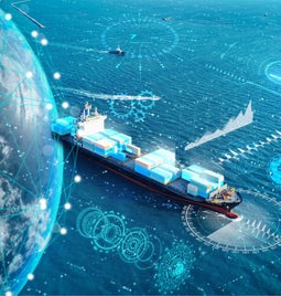 Photo of a ship sailing out of an overlay graphic of the earth