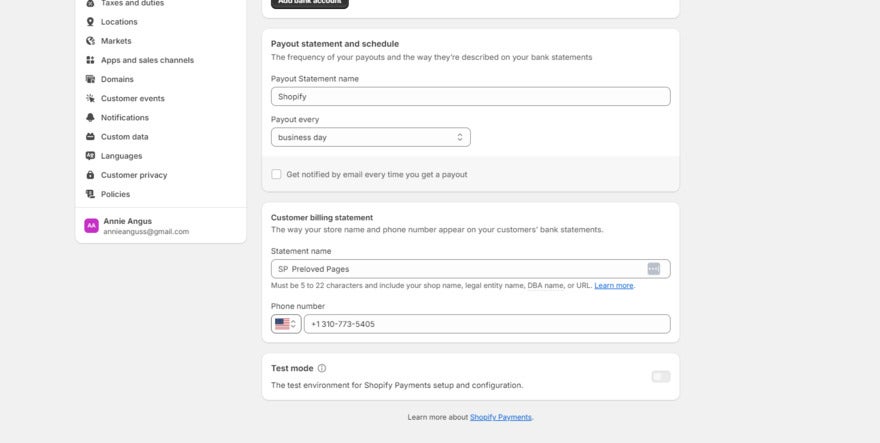 Shopify payment settings showing test mode at the bottom of the page
