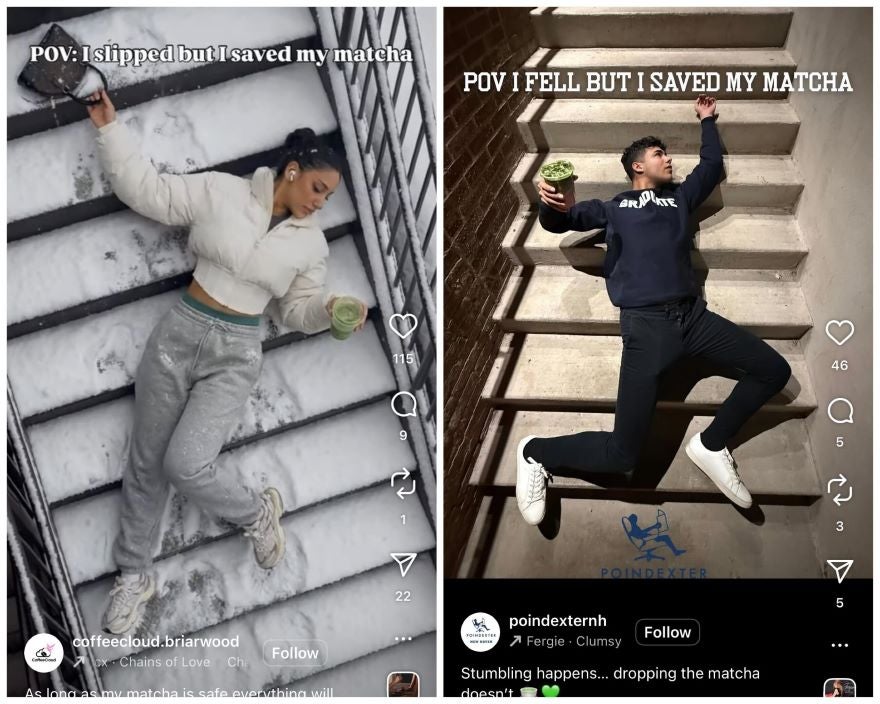 two people laying on stairs pretending they fell while holding a matcha perfectly upright