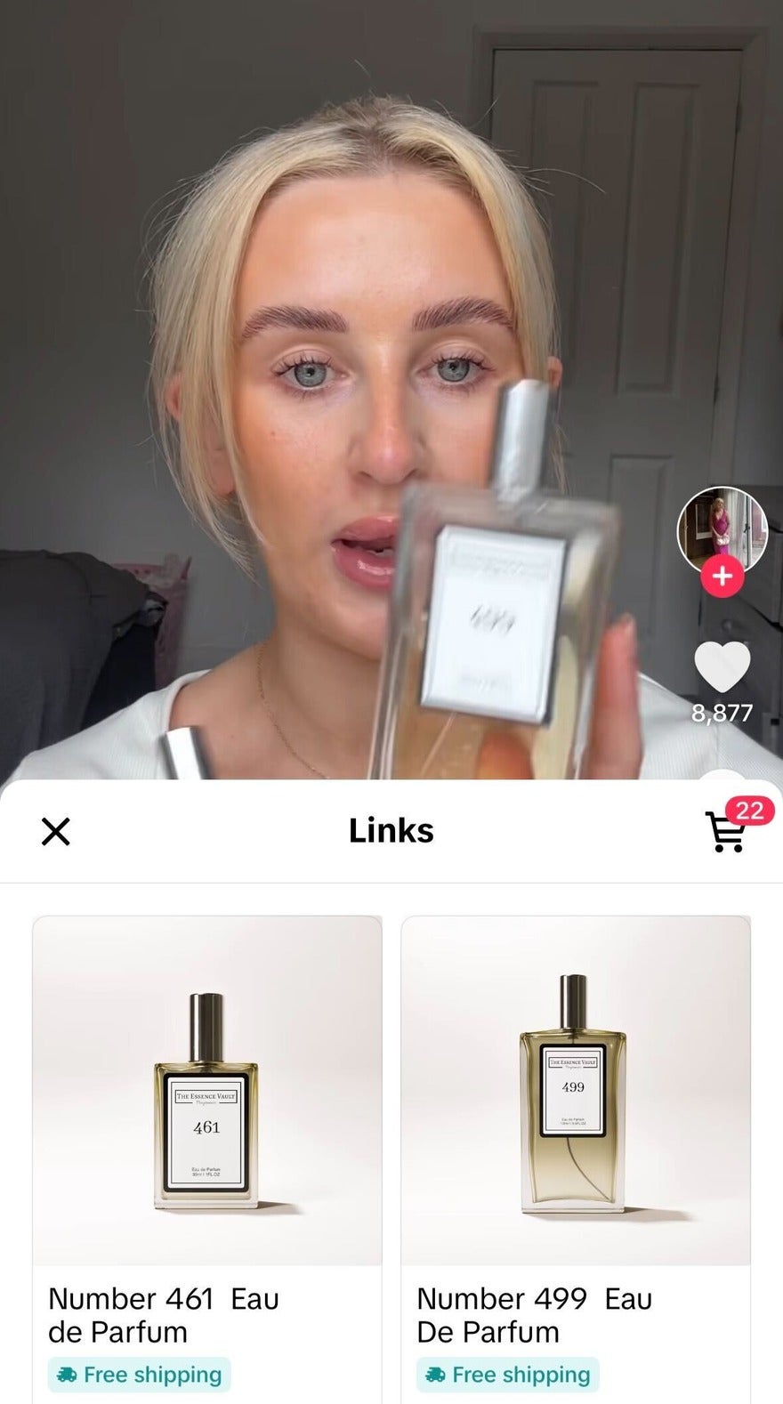 TikTok video of a girl promoting a perfume bottle, with a pop up of the TikTok Shop product page covering half the screen