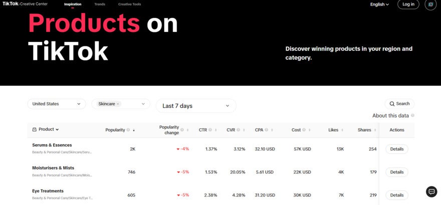 TikTok Creative Center list of top trending products in the skincare category: serums & essences, moisturisers & mists, and eye treatments