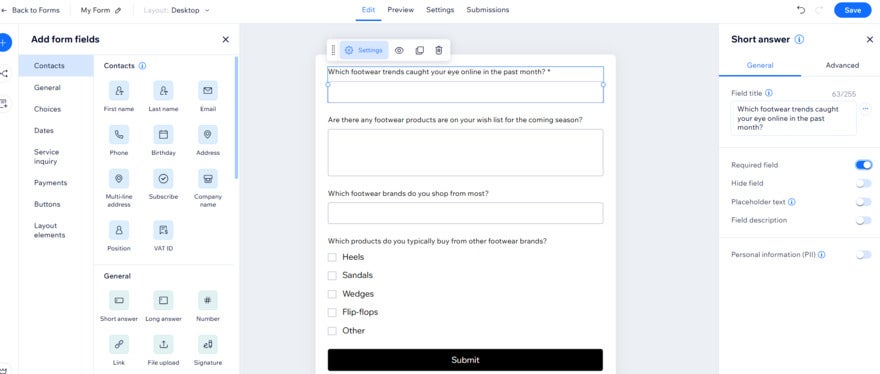 A Wix form draft displaying questions about footwear preferences and shopping trends for collecting user responses.