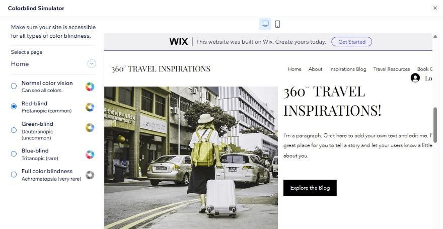 Wix editor with colorblind Simulator tools in left sidebar