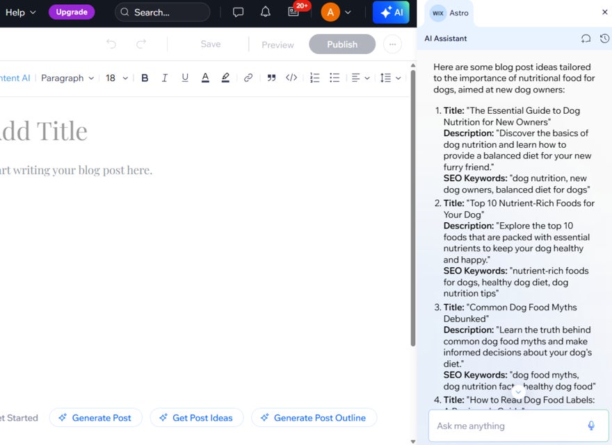 Wix's top suggestions for topic ideas in a narrow sidebar to the left of the blank blog post page
