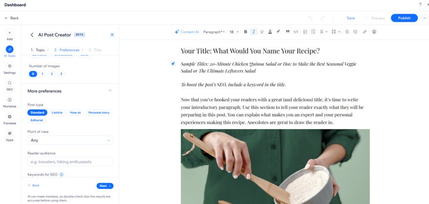 Wix blog post template with picture of woman using a mixing bowl