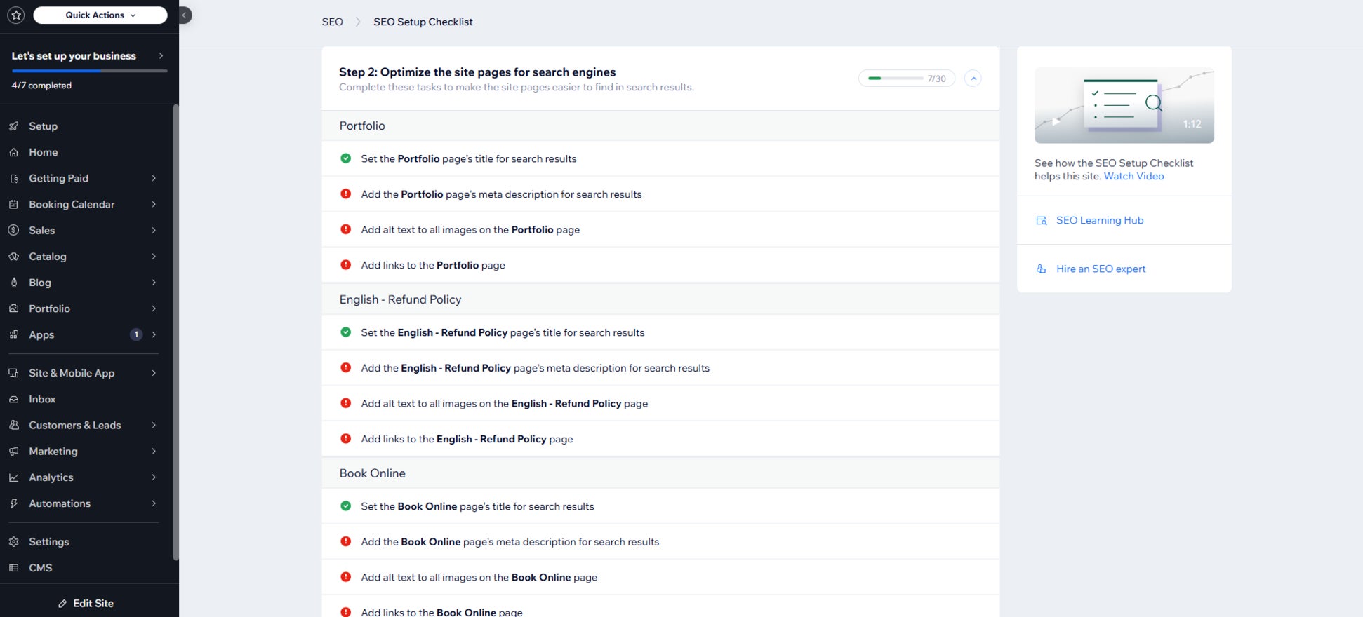Wix dashboard seo checklist