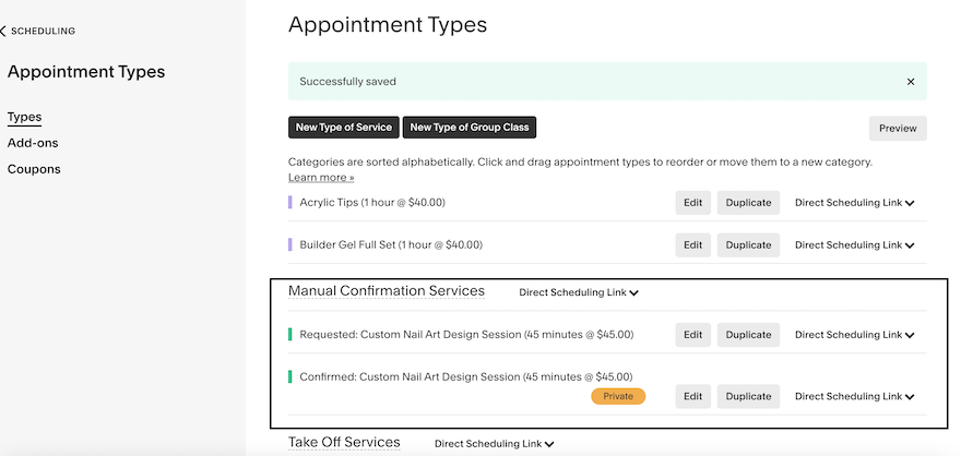 The &ldquo;Appointment Types&rdquo; page showing the list of services with a black box around the &ldquo;Manual Confirmation Services&rdquo; category, with a Requested and a Confirmed Appointment type inside.
