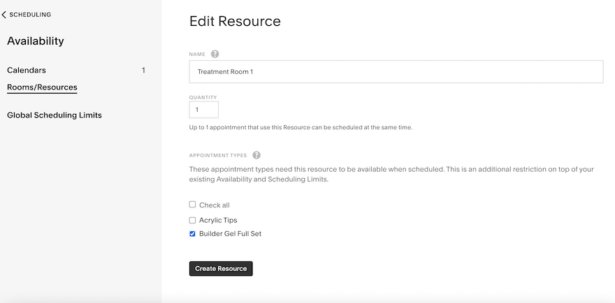 The &ldquo;Resources&rdquo; page showing different empty fields where you can add details of resources and select which Appointment Types they are related to.