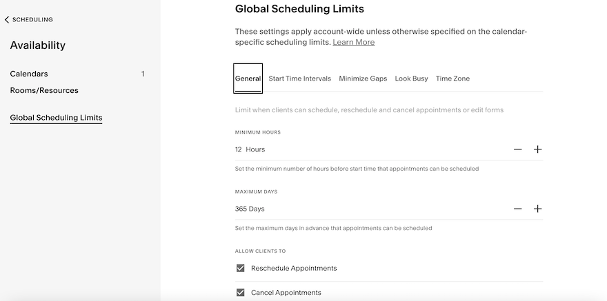 The &ldquo;Global Scheduling Limits&rdquo; page showing various fields to help you determine booking and cancellation rules for clients.