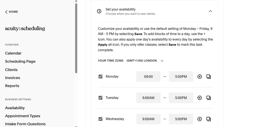 Screenshot of Acuity Scheduling ability to change availability