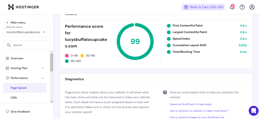 Screenshot of a site's performance score from Hostinger's dashboard