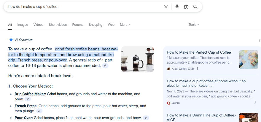 Search results for "how do I make a cup of coffee" with AI overview suggesting methods like drip, French press, or pour-over. An image shows coffee-making equipment.