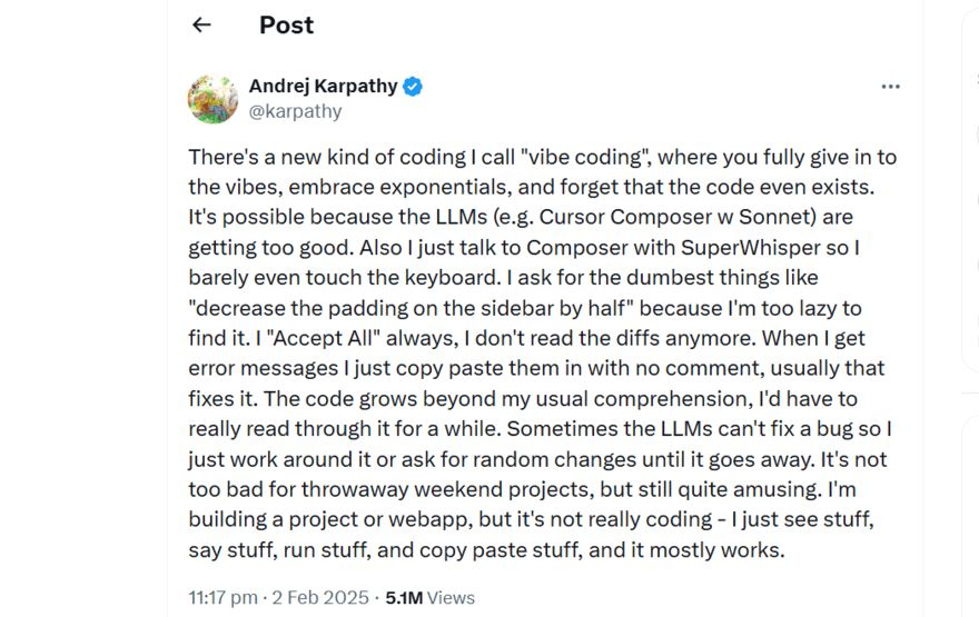 X post by Andrej Karpathy showing the coining of the term "vibe coding"