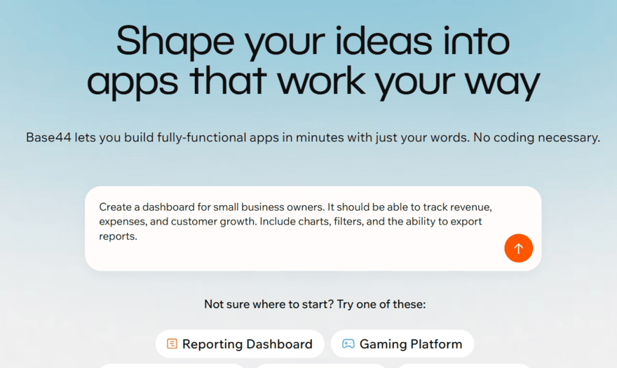 Base44 homepage showing the AI prompt box with an example prompt for a small business dashboard