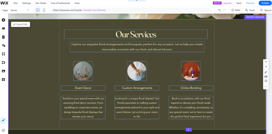 Image shows a website section titled "Our Services" offering floral arrangements for events, with options for event decor, custom arrangements, and online booking.