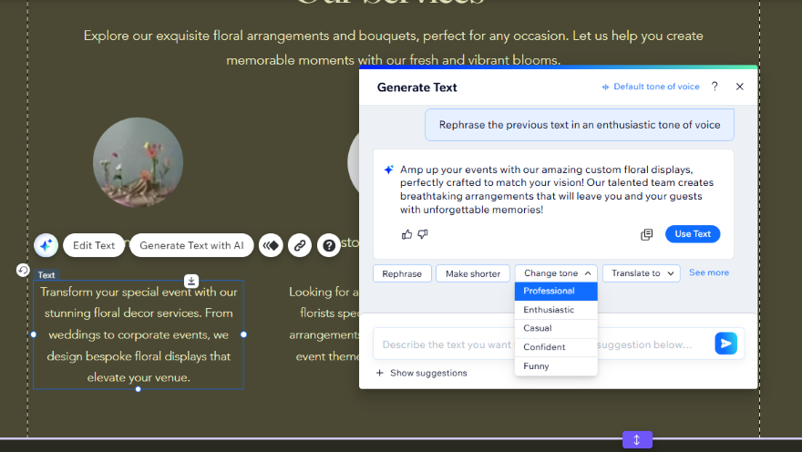 A digital workspace showcasing floral design services with options for text editing and tone adjustments for marketing materials.