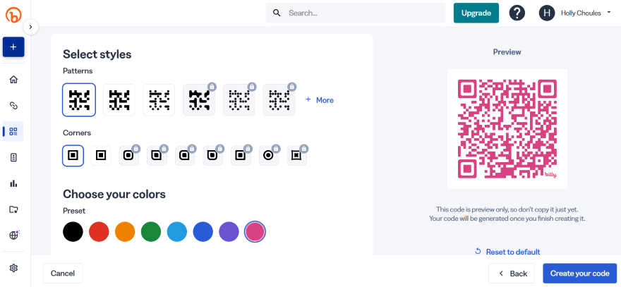 A editor in Bitly showcasing QR code customization styles and colors