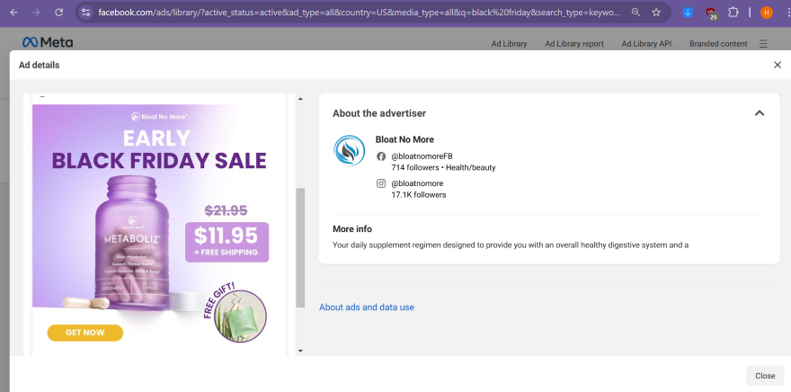 Screenshot of Bloat No More's Black Friday as displayed on Meta's ad directory