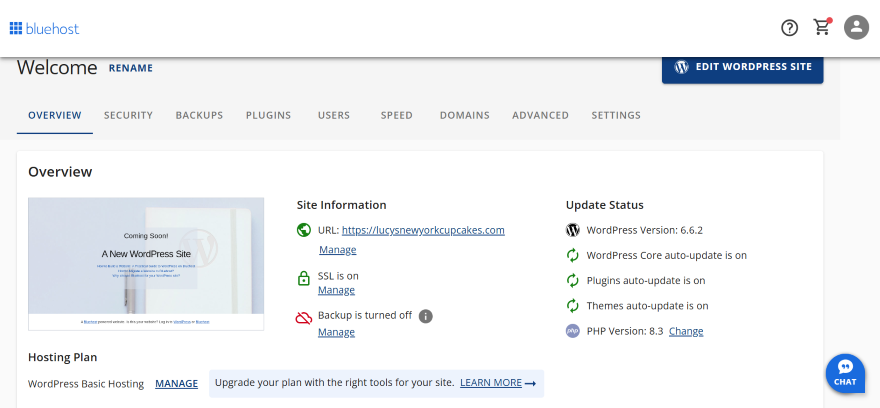 Screenshot of Bluehost's dashboard with a site's update status on show