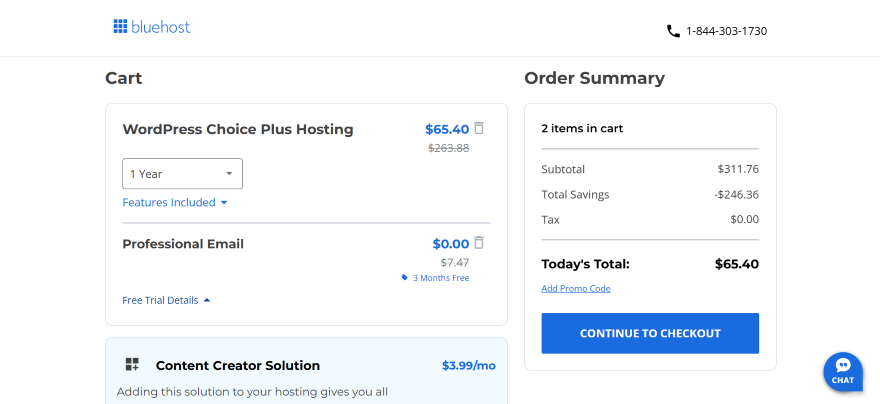 Screenshot of a check out cart on Bluehost for WordPress Choice Plus Hosting
