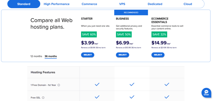Bluehost comparison of pricing plans, showing three shared hosting plans with pricing and features listed