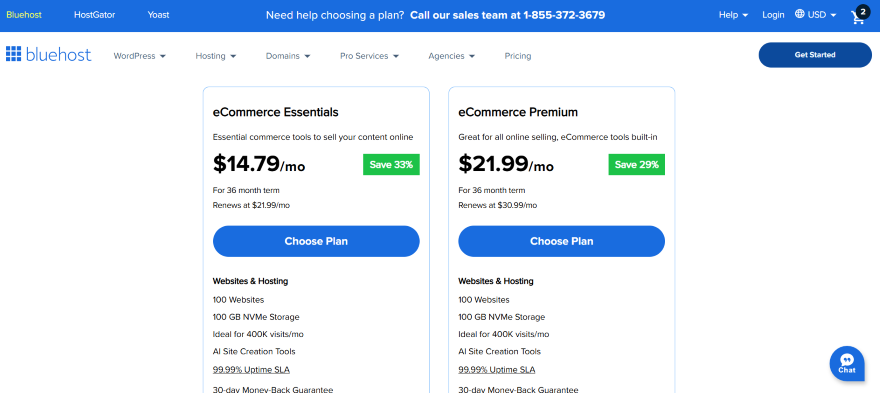 A Bluehost webpage displaying two eCommerce hosting plans: Essentials for $14.79/mo and Premium for $21.99/mo, with features listed.
