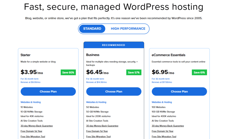 Bluehost WordPress hosting plans, fees, and features